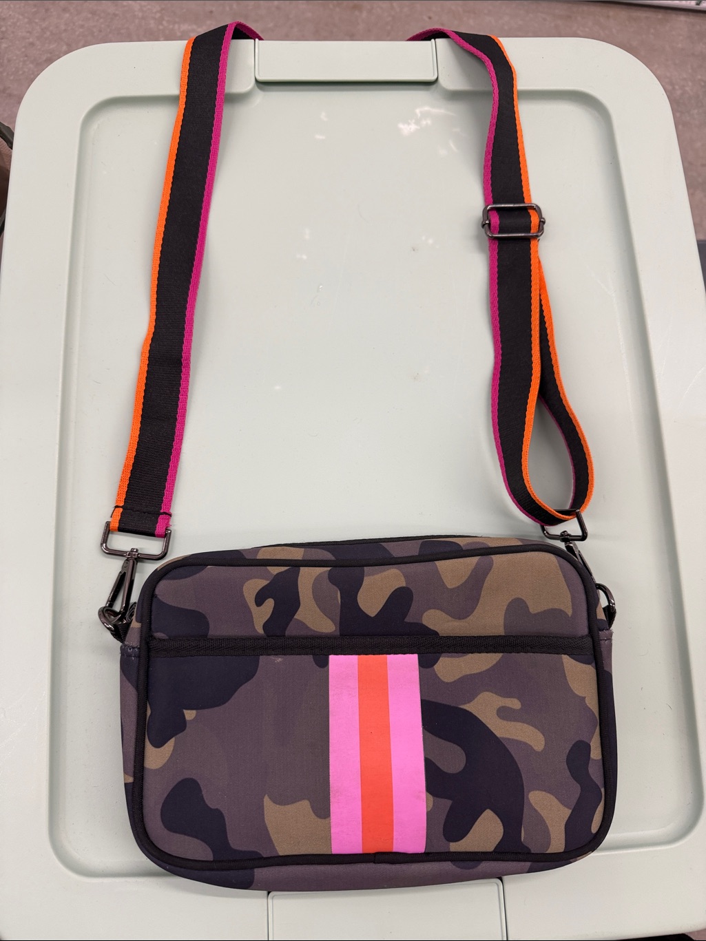 Camo Crossbody Bag With Pink & Orange Stripes